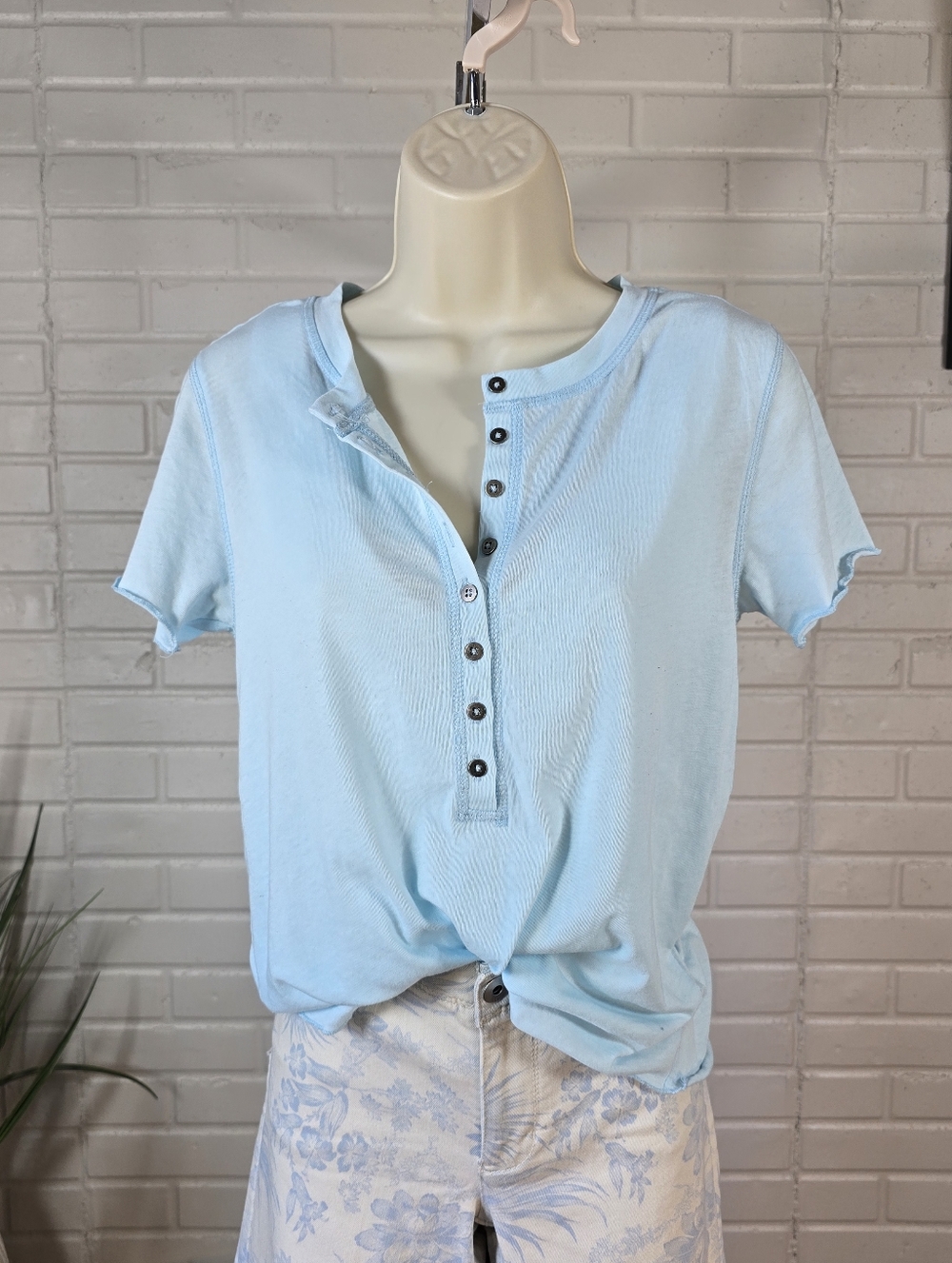 White Crow Blue Short Sleeve Henley Top Oversized Extra Small